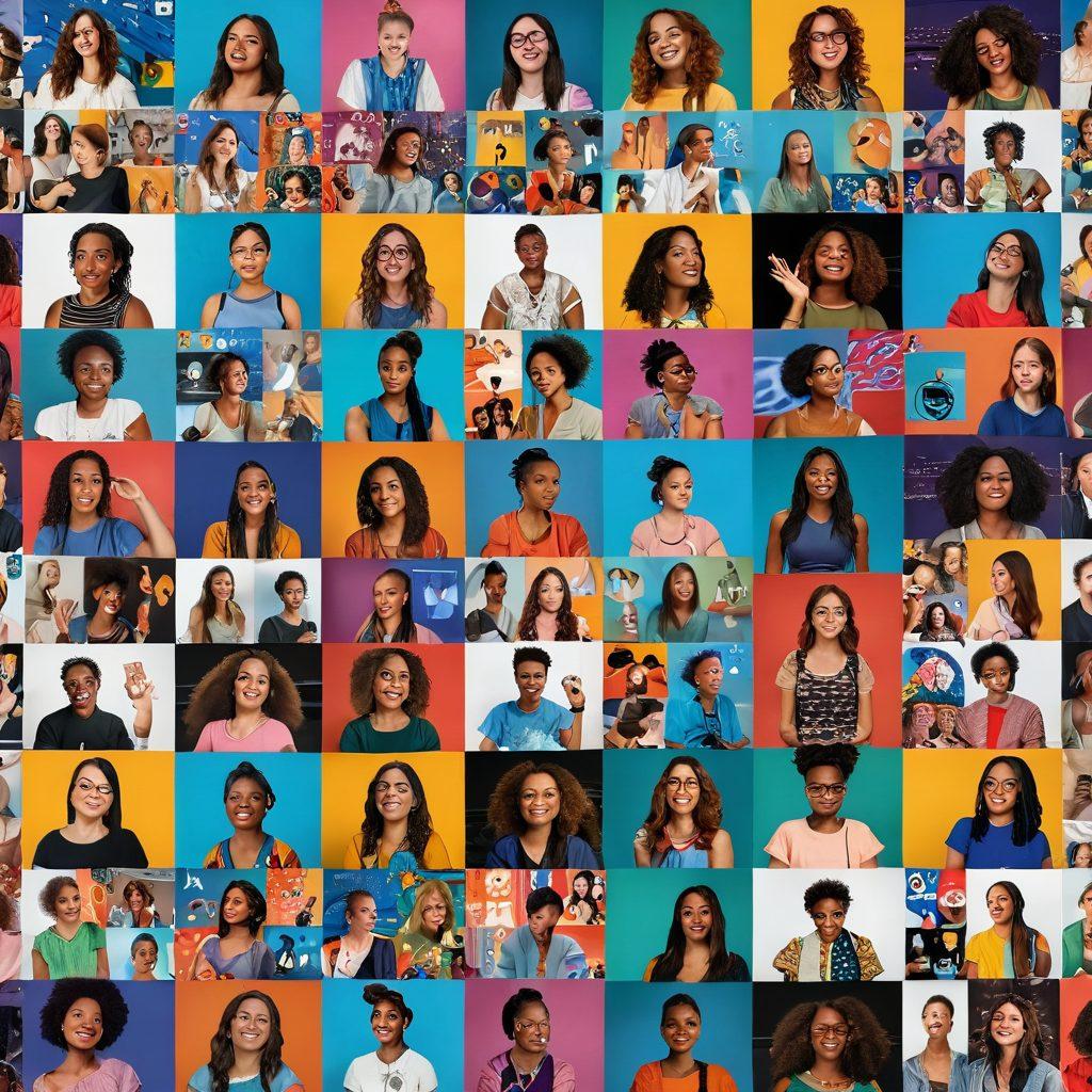 A vibrant collage of diverse girls engaging with various video sharing platforms, showcasing their creativity through art, dance, and storytelling. Include elements like colorful screens displaying videos, playful animations, and symbols of expression like film strips and microphones. The scene should radiate energy and empowerment, emphasizing inclusion and creativity in a digital landscape. super-realistic. vibrant colors. dynamic composition.