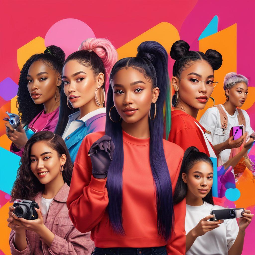 A diverse group of female creators engaged in various video content activities, showcasing a vibrant array of platforms like YouTube, TikTok, and Instagram. Set against a colorful and dynamic backdrop filled with digital elements like screens and cameras, the women are depicted expressing creativity and empowerment. Include subtle representations of various video genres, such as gaming, beauty, and education in creative ways. The atmosphere should be uplifting and inspiring, with a sense of community and collaboration. vibrant colors. digital art.