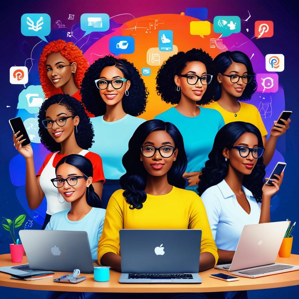 A vibrant scene depicting a diverse group of women in various creative roles, engaging with digital media like laptops and smartphones. They are surrounded by symbols of content creation, such as cameras, microphones, and social media icons, showcasing their journey from amateur to influencer. The background features elements of a digital landscape, like social media notifications and internet connectivity. The overall tone is empowering and bright. super-realistic. vibrant colors. digital art.